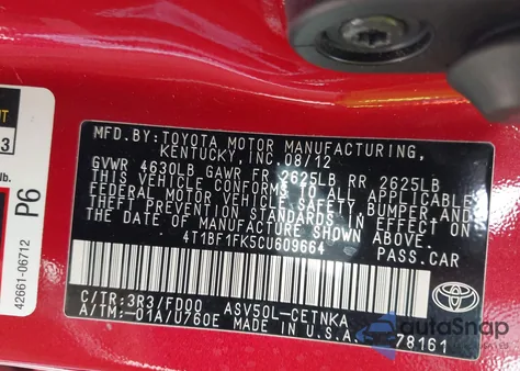 2012 Toyota Camry Le z USA, uszkodzony, nr VIN 4T1BF1FK5CU609664